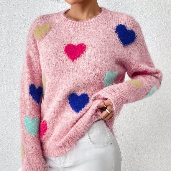 Pink Casual Womens Heart Pattern Drop Shoulder Sweater - Picture 4 of 5